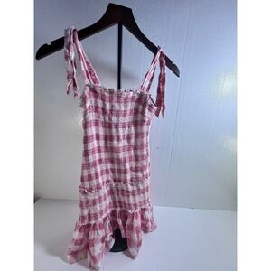 Sincerely Jules Gingham Smocked Mini Dress Womens Medium Pink Excellent Ruffle